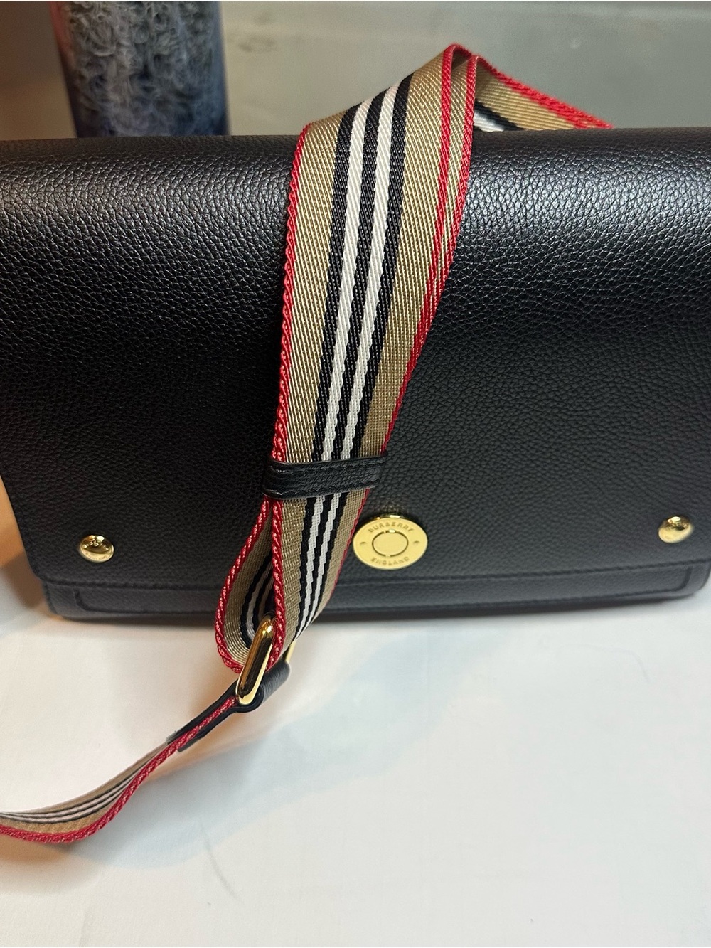 Burberry Black Leather Crossbody Bag with Striped Canvas Strap